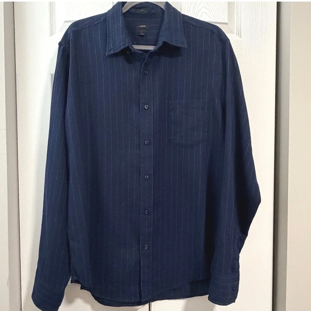 J.Crew Mens Navy Blue Pinstripe Linen Cotton Slim Fit Button Down Shirt Large